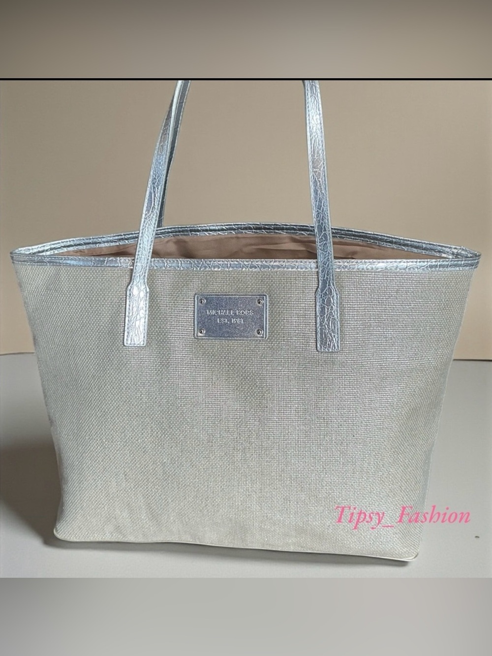 Michael Kors Beige Canvas Tote Silver Metallic Trim Lightweight Everyday